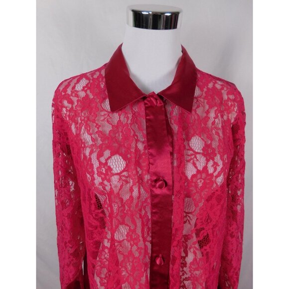 Victoria's Secret Sleep Shirt Womens Medium Large Red Lace Satin Button Front - Picture 2 of 12